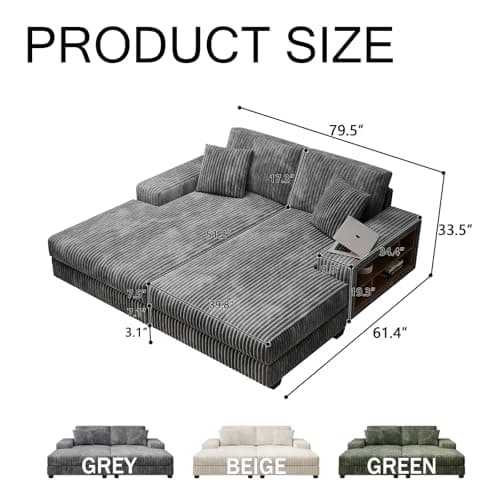 Oversized Modern Grey Corduroy Chaise Lounge Sleeper Couch with Storage Armrests