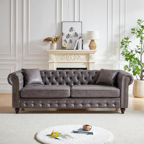 Modern Black Faux Leather Chesterfield Love Seat Sofa, 63.5-Inch With Rolled Arms and Tufting