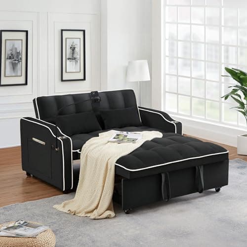 Light Grey Convertible Velvet Pull Out Sofa Bed with Phone Holder