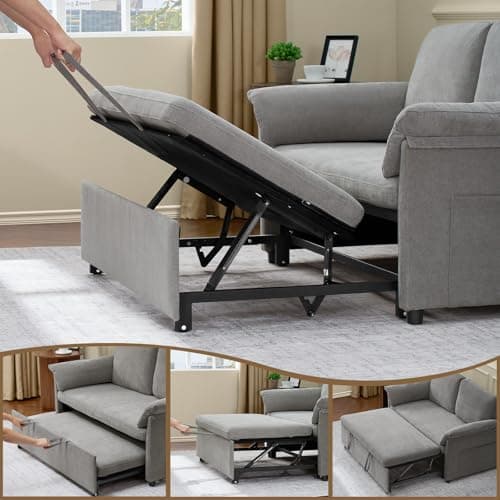 3-in-1 Chenille Convertible Sofa Bed with Pull-Out Bed, Grey