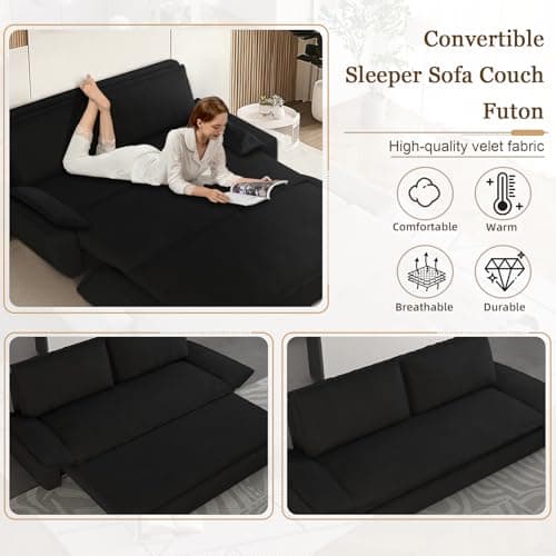 70.1" Queen Velvet Pullout Sofa Bed, 3-in-1 Sleeper Couch (Black)