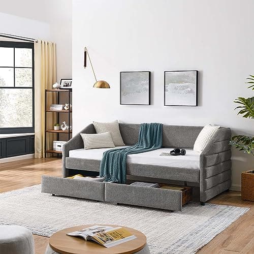 Modern Tufted Linen Daybed with Drawers - Grey Twin Size