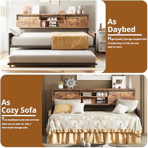 LIKIMIO Industrial Brown Daybed with Trundle, Storage & Charging Station