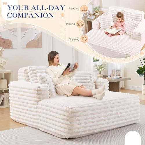 Oversized Chaise Lounge Indoor Beige Modern Plush Corduroy Fabric Deep Seat Boneless Memory Foam Sleeper Sofa Chair with Pillows for Living Room Bedroom Studio No Assembly Couch