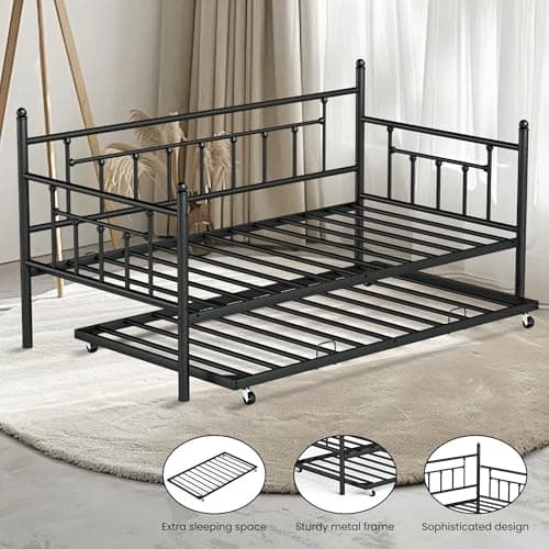 Black Twin Daybed with Backrest for Living Room, Bedroom, Kids Room, Guest Room
| Heavy Duty Metal Slats Platform Twin Daybed with Trundle for Bedroom and Guest Room
| Metal Trundle Frame with Pull Out Bed for Kids and Guest Room