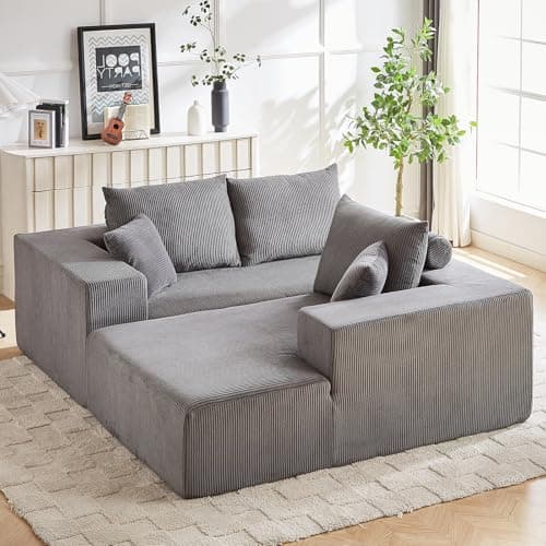 3 Seater Grey L Shaped Modular Sofa with Chaise & 5 Pillows for Living Room