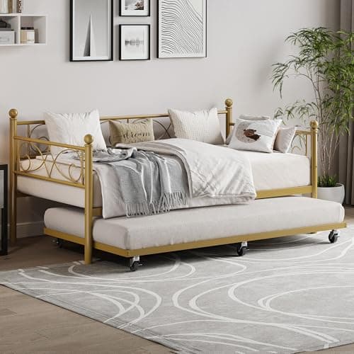Modern Gold Metal Day Bed with Floral Headboard, Heavy Duty Steel Slats Supports