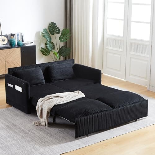 Eafurn 3-in-1 Convertible Pull-Out Sofa Bed Queen Size, Corduroy Lounge with Pillows & Storage