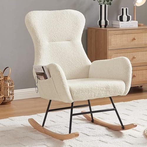 Cream White Teddy Fabric Nursery Glider Rocker for Living Room/Bedroom/Nursery
