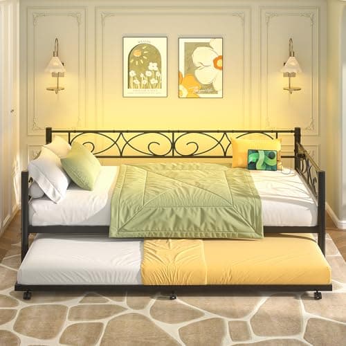 Unikito Black Metal Daybed with Charging & LED Lights, Twin w/ Pop-Up Trundle