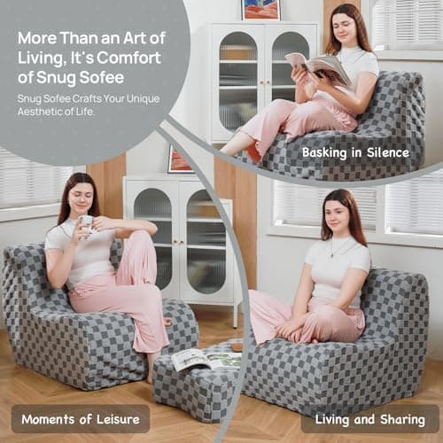 Cement Gray Bean Bag Chair with Footstool, Modern Lazy Sofa for Adults