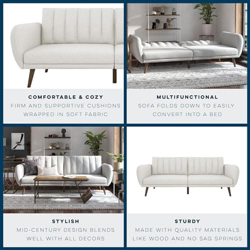 Brittany 82 Inch Futon Sofa Bed, Mid-Century Modern, Light Gray