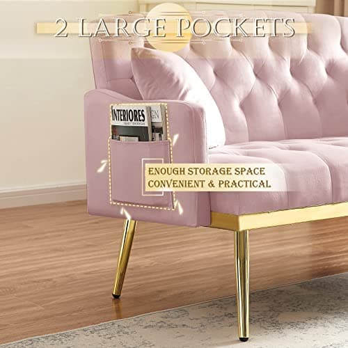 Antetek Velvet Loveseat with Side Pocket and Golden Legs, Pink