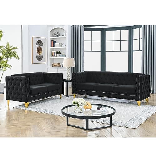 80" Modern Button Tufted Velvet Couch with Gold Nail Heads and Metal Legs for Living Room