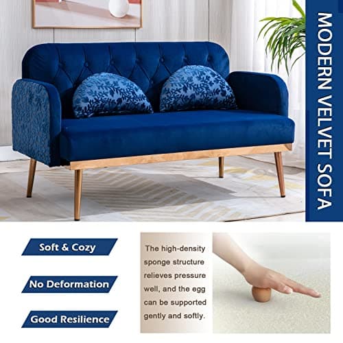 Elegant 55-inch Velvet Sofa with Moon Pillows, Navy Blue, 600 lbs Capacity