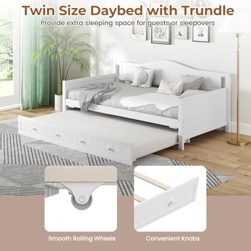Giantex Twin Daybed with Trundle, Solid Wood Support, White Modern Bed
