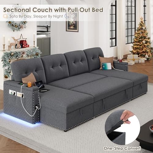 HIFIT 112" U-Shaped Sectional Couch with LED Lights & USB, Grey