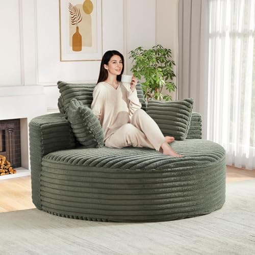 Modern Oversized Black Round Chaise Longue Chair for Living Room and Bedroom, 55-inch Upholstered Chenille Deep Seat Circle Single Cloud Lounge Floor Sofa Chair