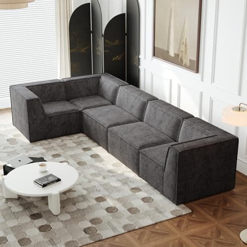 Antetek Oversized Sectional Couch, L-Shaped Modern Comfy Chenille Fabric Floor Foam Compression Modular Sectional Sofa, Couch and Loveseat Sets for Living Room Office, 5 Seater, Black