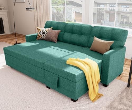 DeepGrey Linen Reversible Sectional Sleeper Couch with Storage and Pull-Out Bed