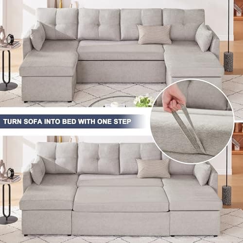 Light Grey 110 Inch 2-in-1 Pullout Couch Bed with Storage Chaise