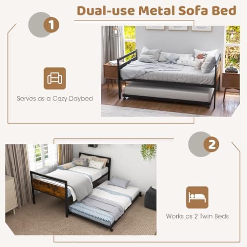 Giantex Rustic Brown Metal Day Bed with Trundle Support