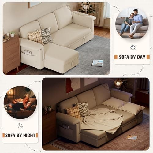 Homall L-Shaped Sleeper Sofa with Storage, Beige Linen Fabric
