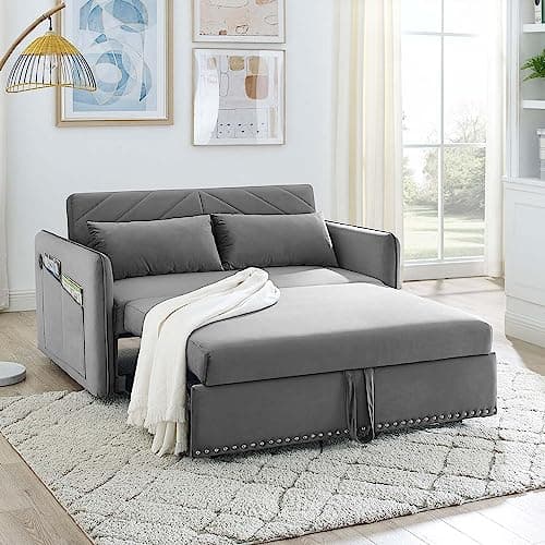 Modern Velvet Sleeper Sofa Bed with USB Port for Small Spaces in Grey