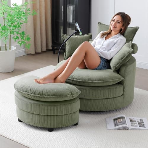 Modern Green Swivel Chair with Phone Holder & Storage Ottoman, Corduroy Upholstered