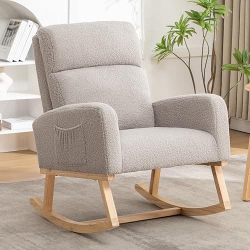 Sherpa Nursing Rocking Chair, Upholstered Glider with Side Pocket, Light Grey