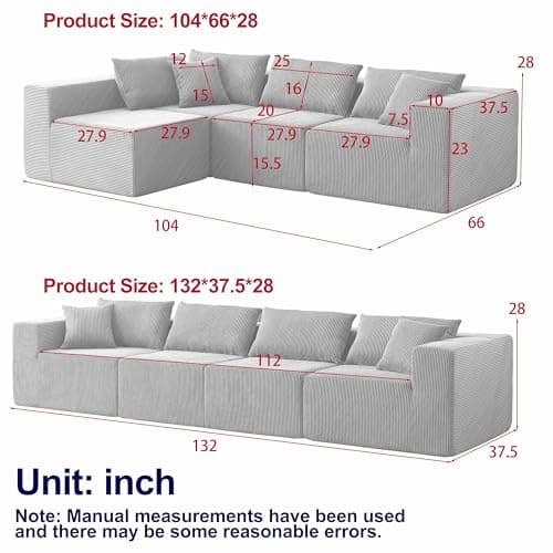 Modern Grey L-Shaped Cloud Flannel Sectional Couch, 4-Seater Modular Lounge