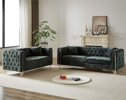 Modern Chenille Living Room Furniture Set with Copper Nail Trim, Beige