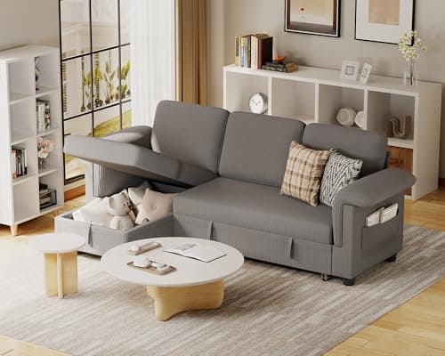 JUMMICO Grey Linen L-Shaped Sleeper Sofa with Storage