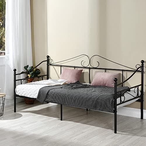 Black Metal Twin Daybed Frame with Headboard, Mattress Support for Living Room Sofa Bed