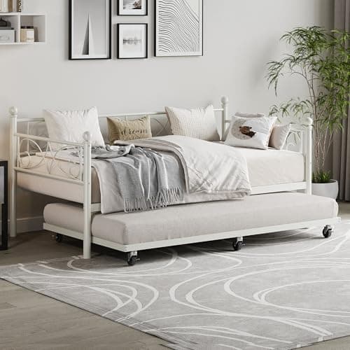 Modern Gold Metal Day Bed with Floral Headboard, Heavy Duty Steel Slats Supports
