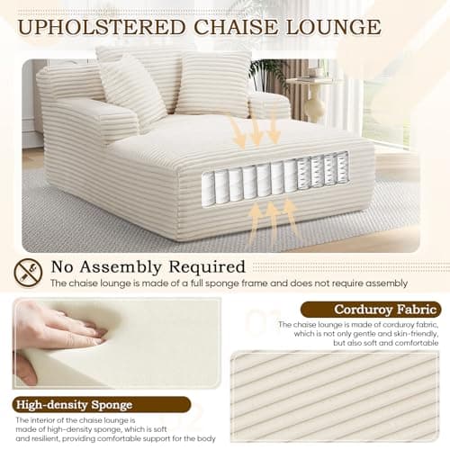 Oversized Chaise Lounge Chair, 50"W Corduroy Couch, Comfy Pillows, Modern Livingroom/Bedroom, White