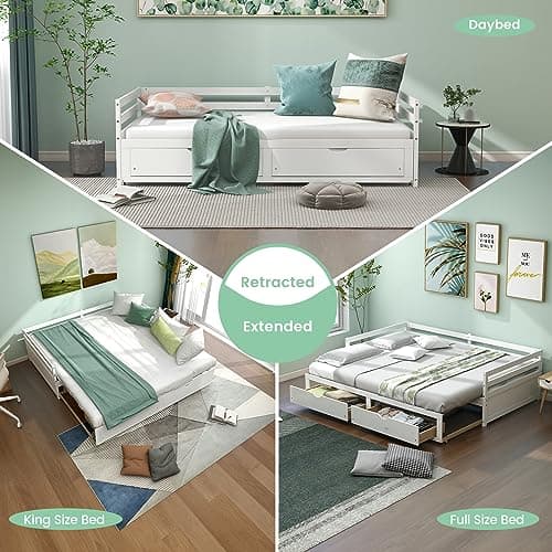 KOMFOTT Extendable Twin to King Daybed, White, with Storage Drawers