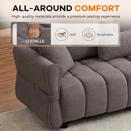 80-inch Grey Cloud Couch, Soft Chenille 3-Seater Sofa with Throw Pillows