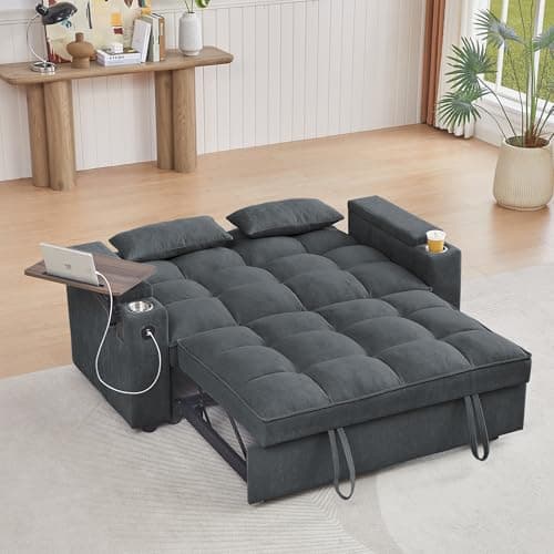 65" 3-in-1 Folding Sofa Bed, Chenille Fabric, 360° Swivel Table, Grey
