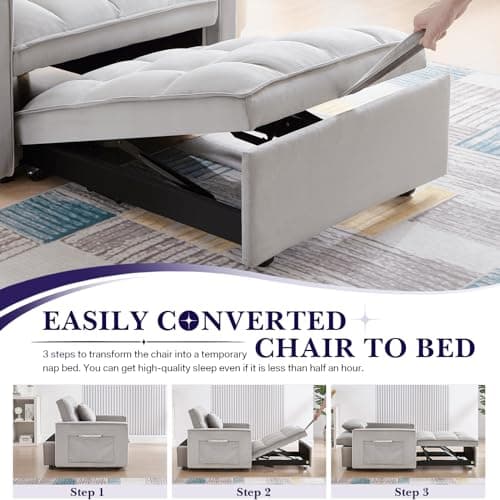 Grey Convertible Velvet Sleeper Sofa Chair Bed with Adjustable Backrest