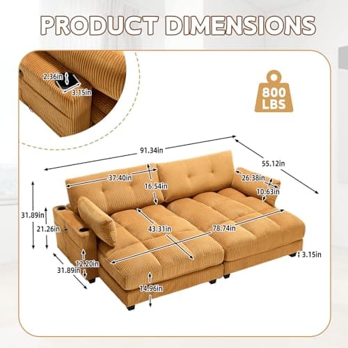 Yellow 91-inch Tufted Loveseat Sleeper Sofa with USB Ports & Cup Holders