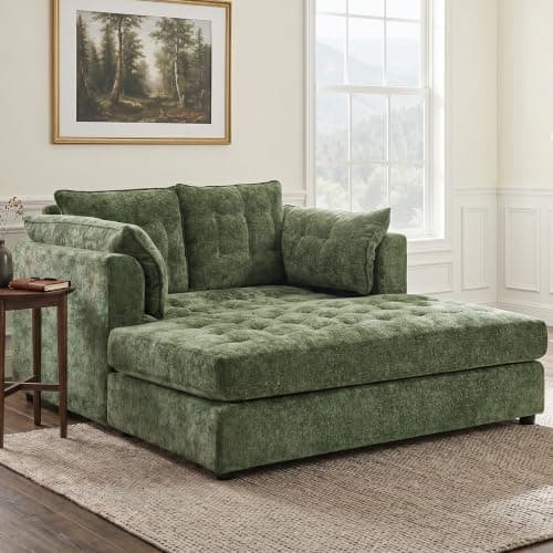 Modern 55" Oversized Chaise Lounger, Luxurious Chenille Fabric Single Sofa Chair with Pillows, Charge Station & Cup Holders for Living Room Apartment Offices (Blue Gray-55'')