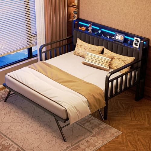 Heavy Duty Metal Full Bed Frame with Pop Up Trundle and LED Light (Black)
| Sturdy Daybed for Living Room, Bedroom and Guest Room with Charging Station (Black)
| Upholstered Storage Headboard and LED Light Daybed (Black)