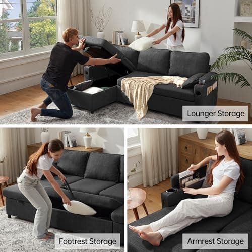 DURASPACE L-Shaped Sleeper Sofa with Storage & USB (Dark Gray)