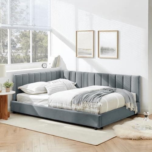 Antetek Gray Modern Tufted Velvet Full Size Corner Sofa Bed Frame