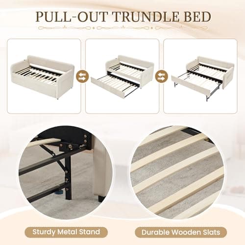 Beige Velvet Tufted Twin to King Extendable Daybed with USB Port