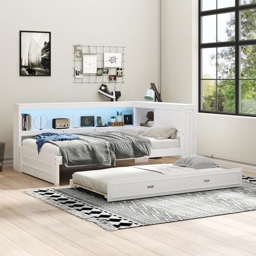 Full Size L-Shaped Floor Bed with Storage, Charging Station, & LED Headboard
