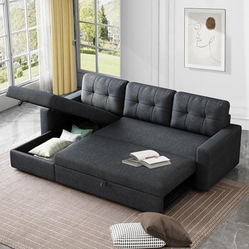 Beige L-Shaped Sleeper Sectional with Reversible Storage for Living Room & Apartment