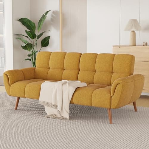 Modern Yellow Linen Futon Sofa Bed with Adjustable Backrests