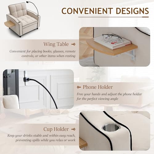 Modern Velvet Tufted Beige Convertible Sleeper Chair with Wing Table and Phone Holder